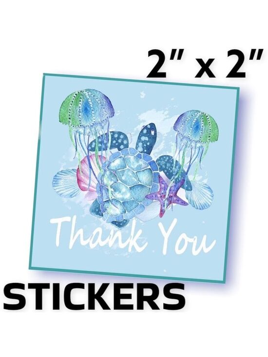 Mailers And More Other - 200 (2x2 Inch) Square Stickers, Sea Turtle & Jellyfish High Gloss, Thank…